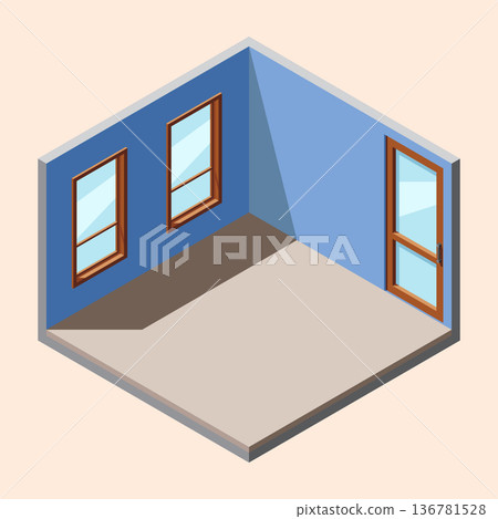 Isometric empty room with door and window. Isometric home room. Room interior without furniture. Square space. Vector illustration Isometric empty room with door and window. Isometric home room. Room interior without furniture. Square space. Vector illustration 136781528