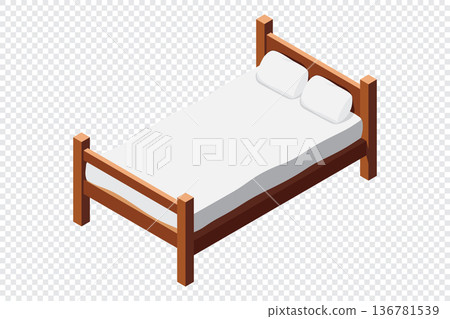 Isometric wooden bed with mattress. 3D isometric bed. Wooden bed frame with mattress and pillow. Isometric bedroom furniture 136781539