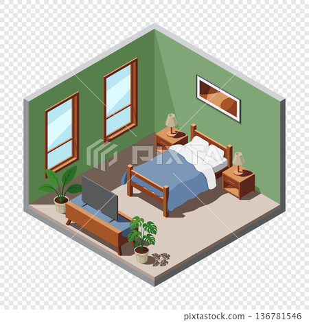 Isometric bedroom. Bedroom interior. Bed, lamps, TV, and other bedroom equipment. Isometric home furniture. Isometric home room Isometric bedroom. Bedroom interior. Bed, lamps, TV, and other bedroom equipment. Isometric home furniture. Isometric home room 136781546