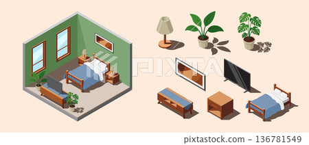 Isometric bedroom. Bedroom interior. Bed, lamps, TV, and other bedroom equipment. Isometric home furniture. Isometric home room Isometric bedroom. Bedroom interior. Bed, lamps, TV, and other bedroom equipment. Isometric home furniture. Isometric home room 136781549
