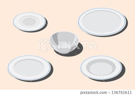 Isometric plate set. Empty plate set. Isometric cutlery. Isometric tableware set. Vector illustration 136781611