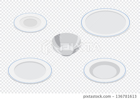 Isometric plate set. Empty plate set. Isometric cutlery. Isometric tableware set. Vector illustration 136781613