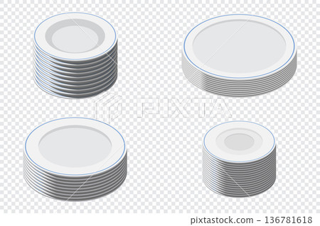 Isometric plate set. Empty plate set. Isometric cutlery. Isometric tableware set. Vector illustration 136781618