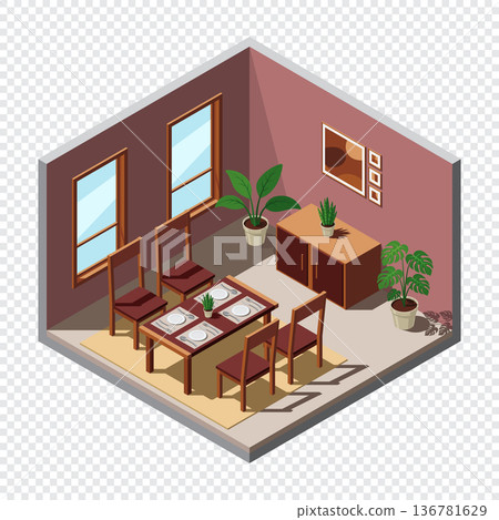 Isometric dining room. Dining room interior. Table, chairs and other furniture. Isometric home furniture. Isometric home room Isometric dining room. Dining room interior. Table, chairs and other furniture. Isometric home furniture. Isometric home room 136781629