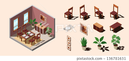 Isometric dining room. Dining room interior. Table, chairs and other furniture. Isometric home furniture. Isometric home room Isometric dining room. Dining room interior. Table, chairs and other furniture. Isometric home furniture. Isometric home room 136781631
