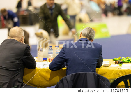 Judges evaluating dogs during a professional competition Judges evaluating dogs during a professional competition 136781725