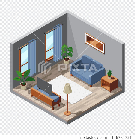 Isometric living room. Living room interior. TV with sofa, table, and other living room equipment. Isometric home furniture. Isometric home room Isometric living room. Living room interior. TV with sofa, table, and other living room equipment. Isometric home furniture. Isometric home room 136781731