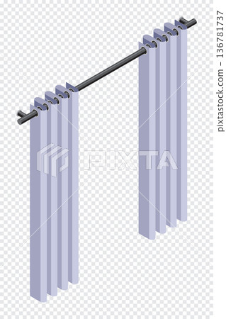 Isometric curtain. Isometric curtain with rings. Set of curtain and rod. Home interior accessory. Room interior elements 136781737