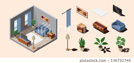Isometric living room. Living room interior. TV with sofa, table, and other living room equipment. Isometric home furniture. Isometric home room 136781740