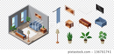 Isometric living room. Living room interior. TV with sofa, table, and other living room equipment. Isometric home furniture. Isometric home room Isometric living room. Living room interior. TV with sofa, table, and other living room equipment. Isometric home furniture. Isometric home room 136781741
