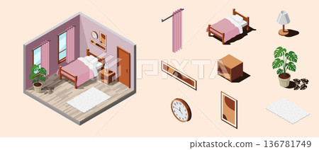 Isometric bedroom. Bedroom interior. Bed, lamp, plant, and other bedroom equipment. Isometric home furniture. Isometric home room Isometric bedroom. Bedroom interior. Bed, lamp, plant, and other bedroom equipment. Isometric home furniture. Isometric home room 136781749