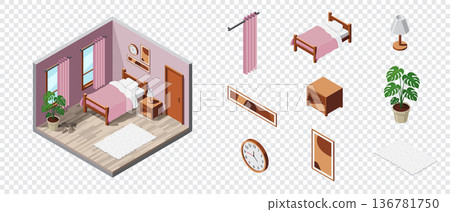 Isometric bedroom. Bedroom interior. Bed, lamp, plant, and other bedroom equipment. Isometric home furniture. Isometric home room Isometric bedroom. Bedroom interior. Bed, lamp, plant, and other bedroom equipment. Isometric home furniture. Isometric home room 136781750