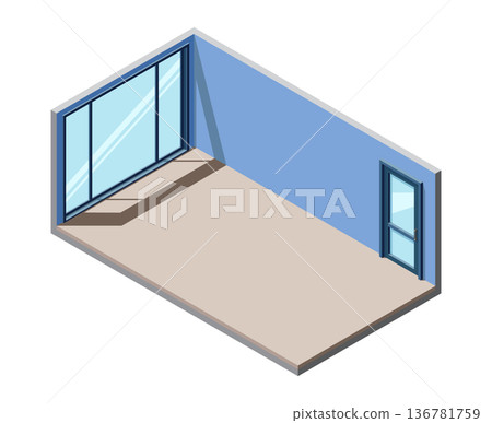 Isometric empty room with door and window. Isometric home room. Room interior without furniture. Rectangular space. Vector illustration Isometric empty room with door and window. Isometric home room. Room interior without furniture. Rectangular space. Vector illustration 136781759