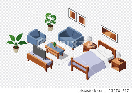 Isometric hotel room interior. Hotel room with bed, window, tv, sofa and table. Set of bedroom furniture. Isometric hotel room Isometric hotel room interior. Hotel room with bed, window, tv, sofa and table. Set of bedroom furniture. Isometric hotel room 136781767