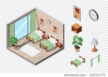 Isometric bedroom. Bedroom interior. Bed, lamp, carpet, and other bedroom equipment. Isometric home furniture. Isometric home room Isometric bedroom. Bedroom interior. Bed, lamp, carpet, and other bedroom equipment. Isometric home furniture. Isometric home room 136781775