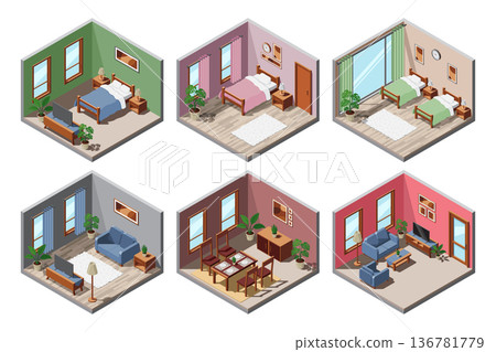 Isometric rooms. Isometric home rooms. Isometric home furniture. Home interior. Bedroom, living room, dining room, teen room 136781779