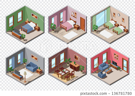 Isometric rooms. Isometric home rooms. Isometric home furniture. Home interior. Bedroom, living room, dining room, teen room 136781780