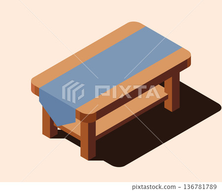Isometric table. Wooden table. Modern table. Isometric home furniture. Living room furniture 136781789