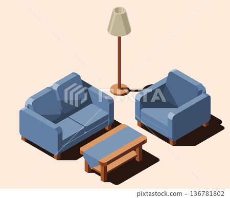 Isometric living room. Isometric sofa, table, and lamp. Living room furniture. Isometric home furniture Isometric living room. Isometric sofa, table, and lamp. Living room furniture. Isometric home furniture 136781802