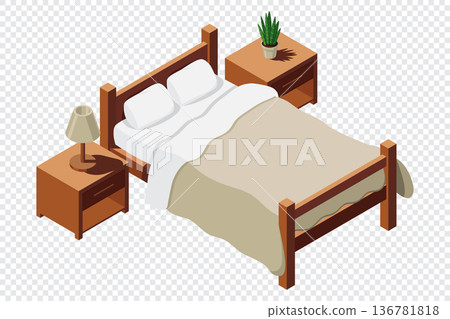 Isometric bed with bedside tables. Bedroom interior with bed, nightstands and night lamp. Isometric bedroom furniture Isometric bed with bedside tables. Bedroom interior with bed, nightstands and night lamp. Isometric bedroom furniture 136781818