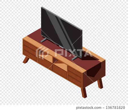 Isometric modern TV. Isometric TV stand. Wooden TV stand with shelves for storage. Isometric living room interior. Home furniture 136781820