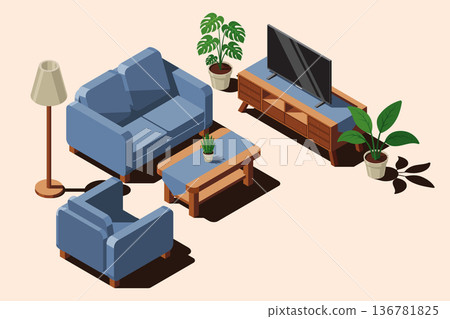 Isometric living room. Living room interior. Room includes sofa, table, tv, plants and other furniture. Isometric home furniture Isometric living room. Living room interior. Room includes sofa, table, tv, plants and other furniture. Isometric home furniture 136781825