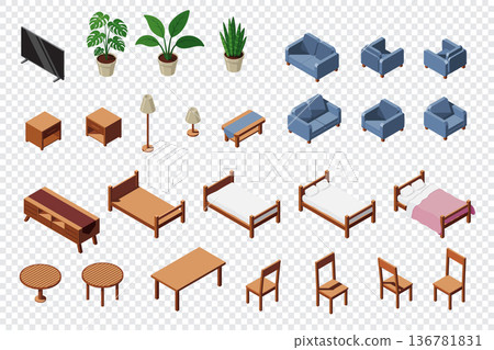 Isometric home furniture. Isometric interior elements set. Sofas, chairs, potted plants, tables, lamps, cabinets and beds Isometric home furniture. Isometric interior elements set. Sofas, chairs, potted plants, tables, lamps, cabinets and beds 136781831