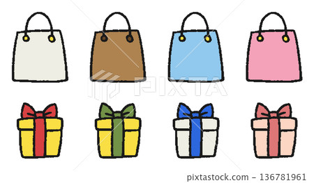 禮品盒與購物袋手繪插圖套裝 136781961