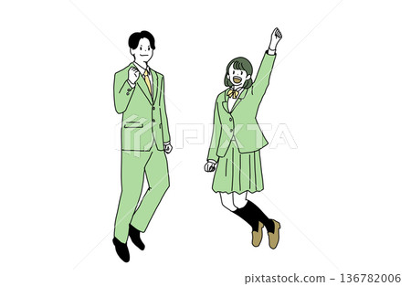 Illustration of male and female students jumping with a smile and making a fist pump. Passing exams and youth. Hand-drawn vector material. Illustration of male and female students jumping with a smile and making a fist pump. Passing exams and youth. Hand-drawn vector material. 136782006