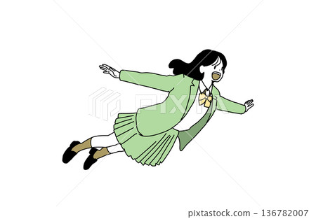 女學生在空中飛翔的插圖。躍向未來，擁抱自由。手繪向量素材。 136782007