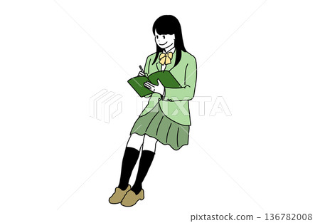 Illustration of a female student studying with an open notebook. Learning and exams. Hand-drawn vector material. 136782008