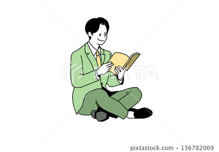 Illustration of a male student sitting cross-legged and reading a book. Reading and learning. Hand-drawn vector material. 136782009
