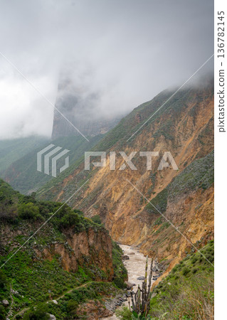 Colca Canyon and river in the mist and clouds, Peru Colca Canyon and river in the mist and clouds, Peru 136782145