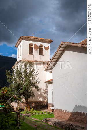 Ornate Facade of the Andahuaylillas Church in the Peruvian Andes 136782148