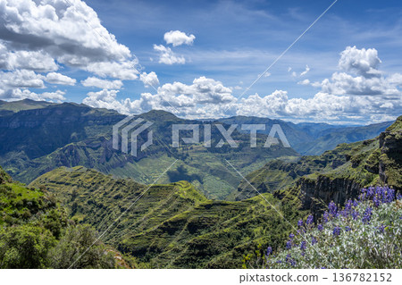 Rugged Rock Formations in the Andean Mountains at Waqrapukara, Peru 136782152