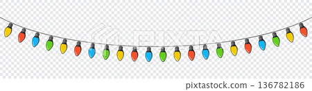 Bulbs on a string. Hanging light bulbs. Colorful light bulbs for decoration. Lights garland. Lights string decoration. Vector illustration Bulbs on a string. Hanging light bulbs. Colorful light bulbs for decoration. Lights garland. Lights string decoration. Vector illustration 136782186