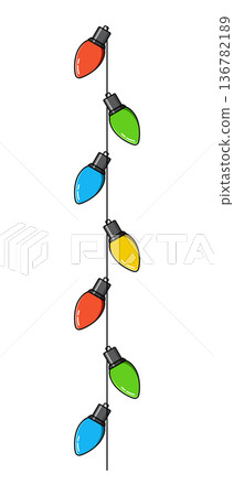 Bulbs on a string. Hanging light bulbs. Colorful light bulbs for decoration. Lights garland. Lights string decoration. Vector illustration Bulbs on a string. Hanging light bulbs. Colorful light bulbs for decoration. Lights garland. Lights string decoration. Vector illustration 136782189