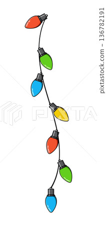 Bulbs on a string. Hanging light bulbs. Colorful light bulbs for decoration. Lights garland. Lights string decoration. Vector illustration 136782191