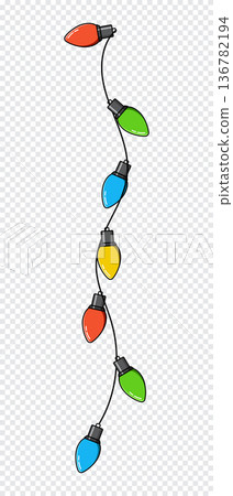 Bulbs on a string. Hanging light bulbs. Colorful light bulbs for decoration. Lights garland. Lights string decoration. Vector illustration Bulbs on a string. Hanging light bulbs. Colorful light bulbs for decoration. Lights garland. Lights string decoration. Vector illustration 136782194