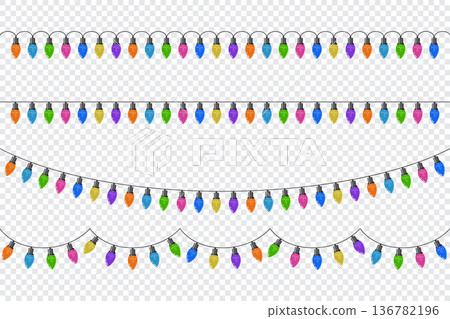 Set of bulbs on a string. Hanging light bulbs. Colorful light bulbs for decoration. Lights garland. Lights string decoration. Vector illustration Set of bulbs on a string. Hanging light bulbs. Colorful light bulbs for decoration. Lights garland. Lights string decoration. Vector illustration 136782196