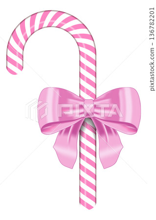 Pink and white striped candy cane with bow. Realistic candy cane. Sweet stick for new year. Decoration sugar lollipop 136782201