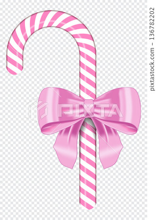 Pink and white striped candy cane with bow. Realistic candy cane. Sweet stick for new year. Decoration sugar lollipop Pink and white striped candy cane with bow. Realistic candy cane. Sweet stick for new year. Decoration sugar lollipop 136782202