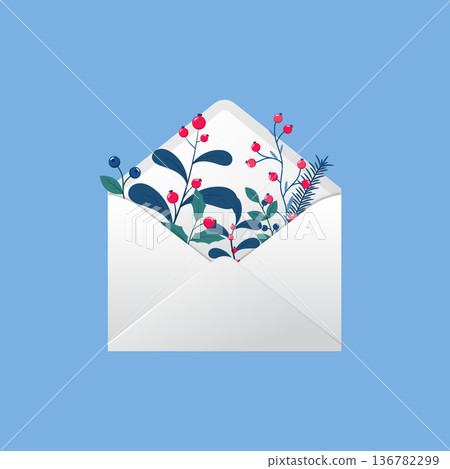 Winter holiday greeting card. Open envelope with leaves and berries. Envelope with branches and red berries. Winter plants 136782299