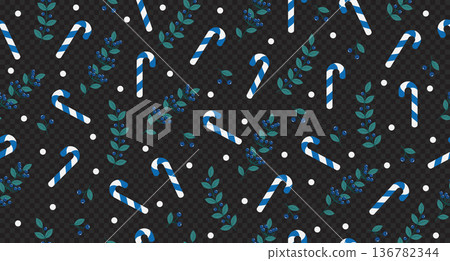 Leaves and blueberries with candy cane seamless pattern. Perfect for wrapping paper, fabric, and holiday decoration. Winter holidays theme. Vector illustration Leaves and blueberries with candy cane seamless pattern. Perfect for wrapping paper, fabric, and holiday decoration. Winter holidays theme. Vector illustration 136782344