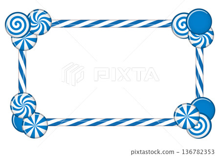 Candy cane frame with blue and white striped. Border with striped candy lollipop pattern. Winter ornament decoration 136782353