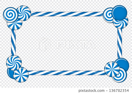 Candy cane frame with blue and white striped. Border with striped candy lollipop pattern. Winter ornament decoration 136782354