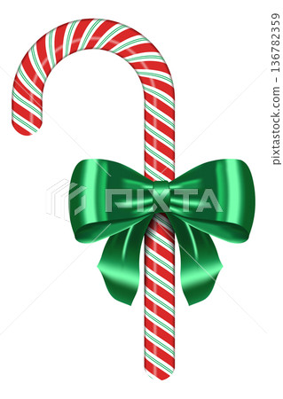 Red and white striped candy cane with bow. Realistic candy cane. Sweet stick for new year. Decoration sugar lollipop Red and white striped candy cane with bow. Realistic candy cane. Sweet stick for new year. Decoration sugar lollipop 136782359