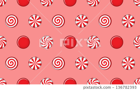 Striped sugar candy. Peppermint swirl candies seamless pattern. Illustration for new years day, sweet-stuff, winter holiday, dessert, new years event 136782393