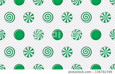 Striped sugar candy. Peppermint swirl candies seamless pattern. Illustration for new years day, sweet-stuff, winter holiday, dessert, new years event 136782396