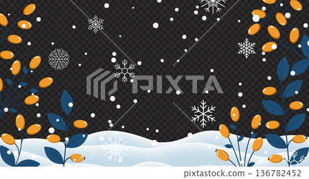 Winter background with branches and berries. Falling snow with snowflakes. Winter snowy background for banner, poster, wallpaper, greeting card, advertising Winter background with branches and berries. Falling snow with snowflakes. Winter snowy background for banner, poster, wallpaper, greeting card, advertising 136782452